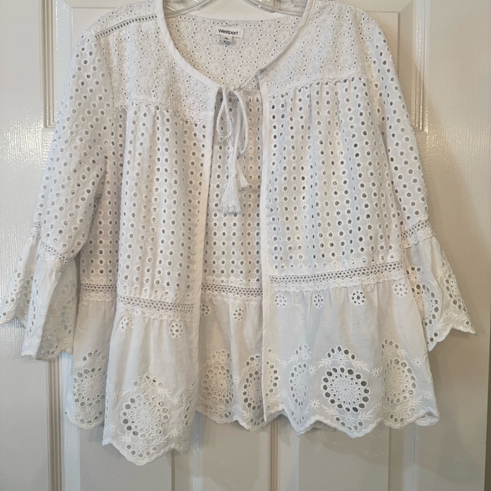 Westport White Eyelet Tie Front Peasant Top